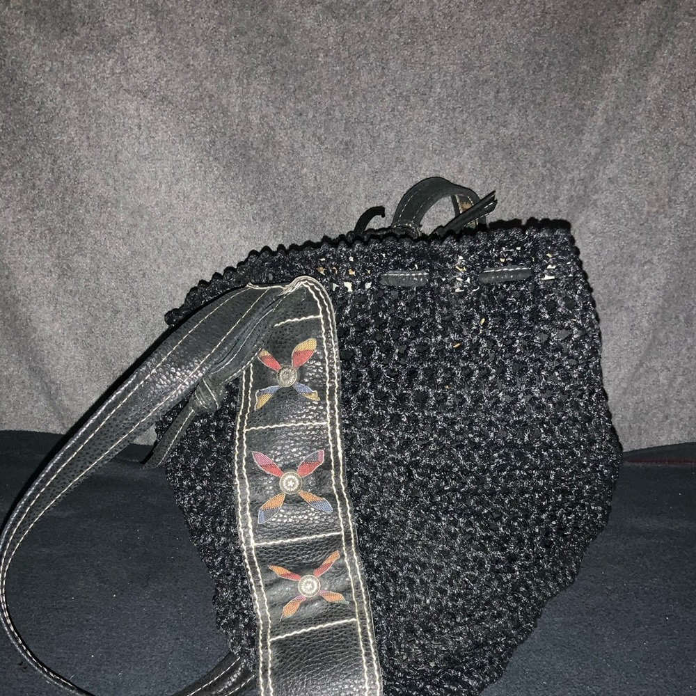 Brand new black woven thread drawstring handbag